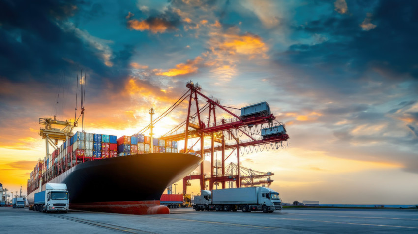 Large cargo ships and trucks loading containers at modern ports during sunset