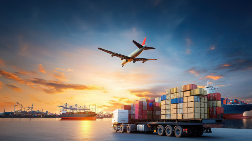 Cargo ship container background with airplane flying overhead and truck carrying shipping containers