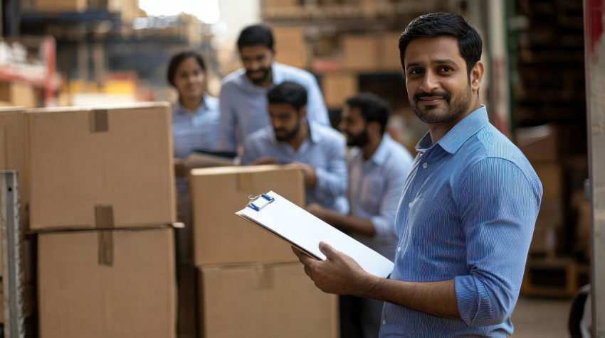 Indian businessman in blue shirt holding clipboard supervising office staff loading boxes onto truck