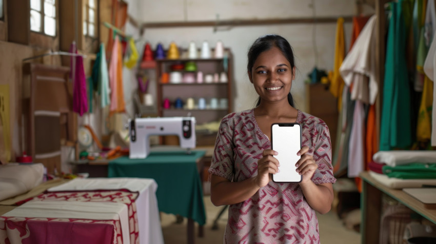 Indian woman smiling while holding up a phone with a blank white screen retail payment theme