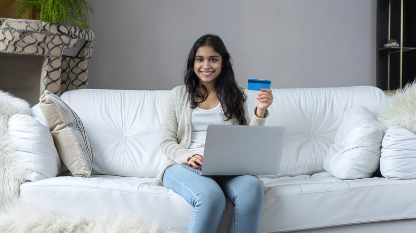 A woman smiling with a laptop and credit card against a gray background retail payment theme