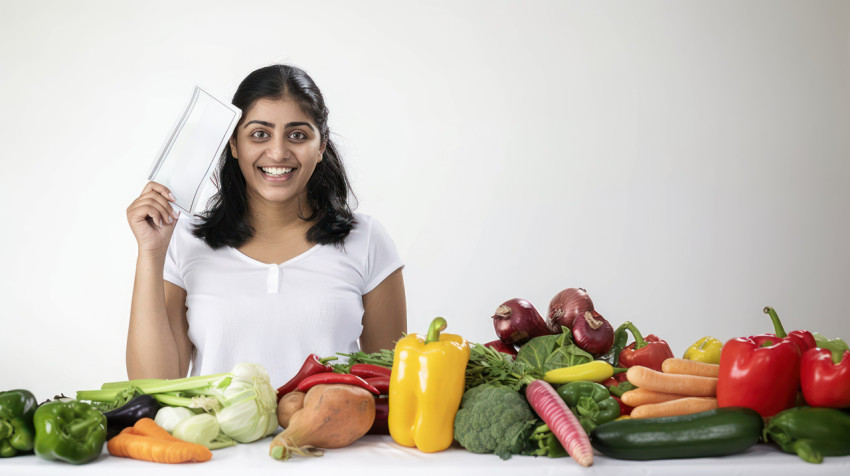 Indian woman with a happy expression holding up a bill for groceries retail payment theme