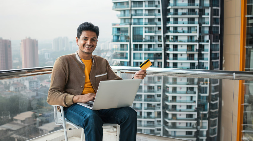 Indian man sitting on a balcony with laptop in one hand holding a credit card retail payment theme