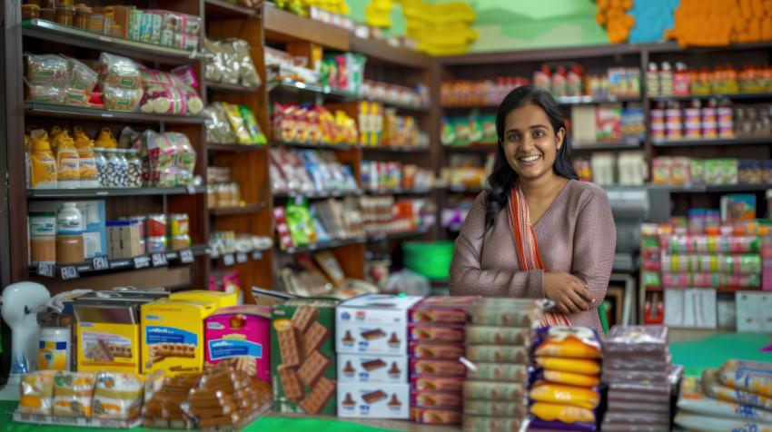 Indian woman standing behind the counter of her store managing and organizing products retail payment theme