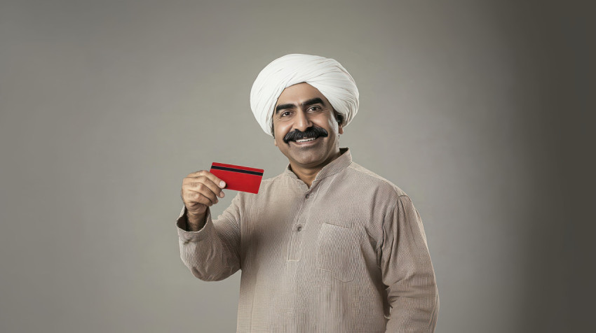 Indian farmer holding a red credit card and pointing standing ATM service theme