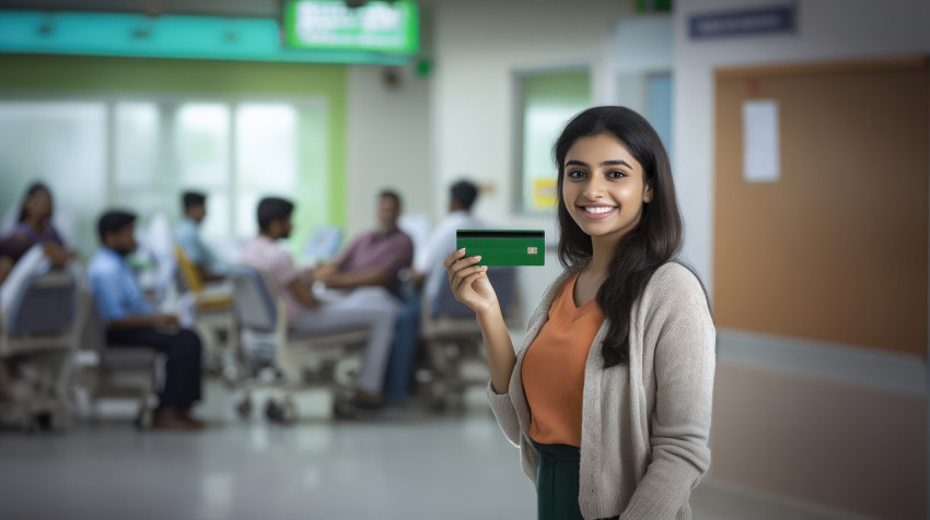 An Indian woman holding up her credit card against a blurred background ATM service theme