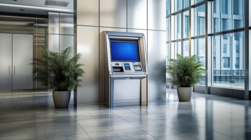 Silver ATM in the bank lobby with a blue screen ATM service idea