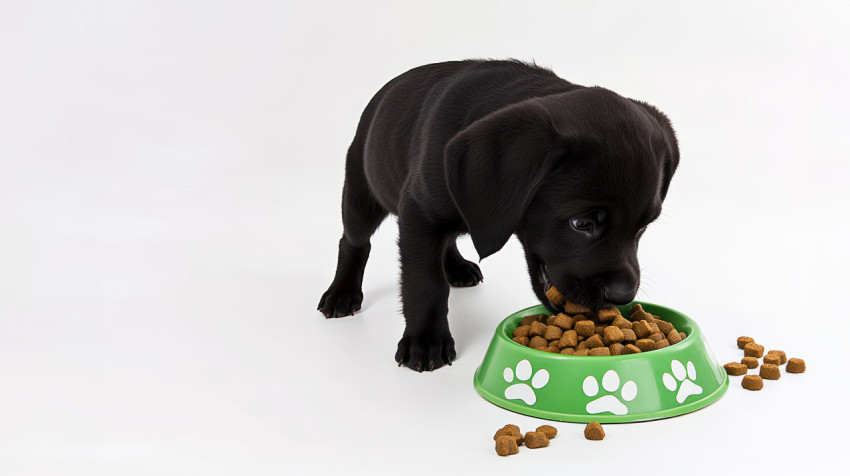 A black labrador puppy eagerly eating dog food from green bowl decorated with white paw prints