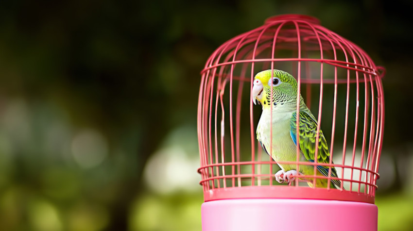 Close up of  small green budgie parrot inside red cage on pink stand outdoors