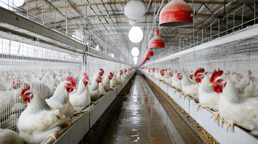 The interior of an industrial chicken farm with numerous white chickens in grayish white plumage