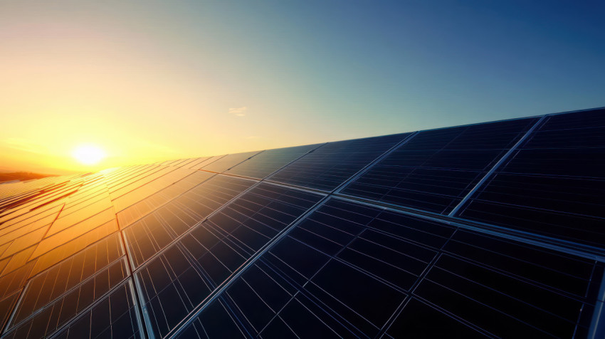 Close up of solar panels under the setting sun symbolizing green energy and environmental protection