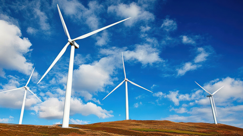 White wind turbines against blue sky symbolize green energy and renewable resources