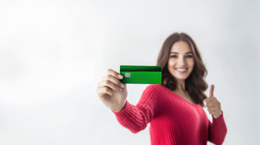 Woman holding up her credit card and giving a thumbs up gesture ATM service theme