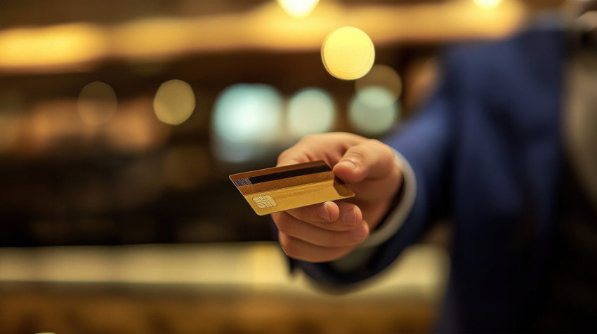 Man hand holding a credit card while wearing a business ATM service theme