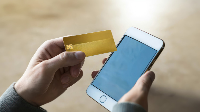 A man holding a smartphone and credit card ready to make an online payment ATM service theme