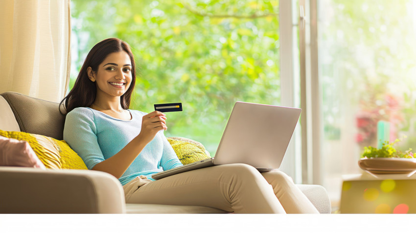 An Indian sitting on the sofa at home holding a credit card and laptop ATM service theme