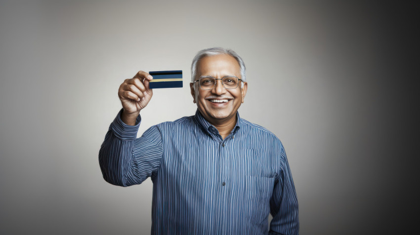 An elderly Indian man holding up a credit card to the camera ATM service theme