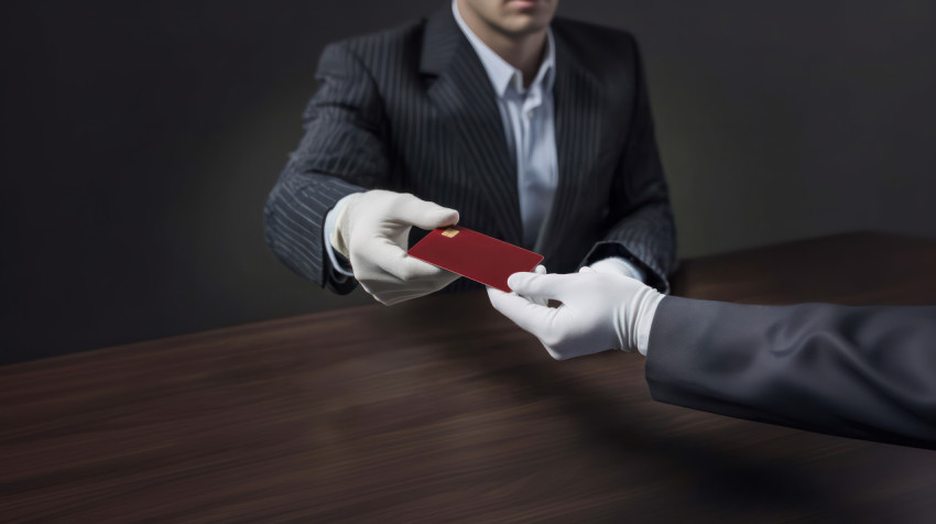 Two men handing over a credit card to the other both wearing white gloves ATM service theme