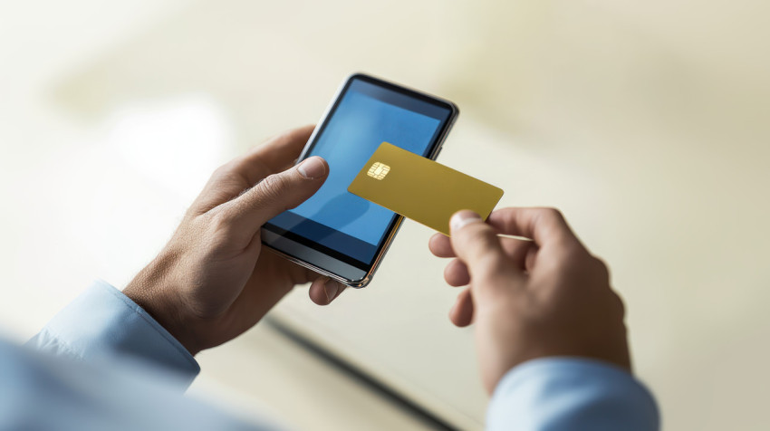 Man holding his smartphone and using a credit card ATM service concept