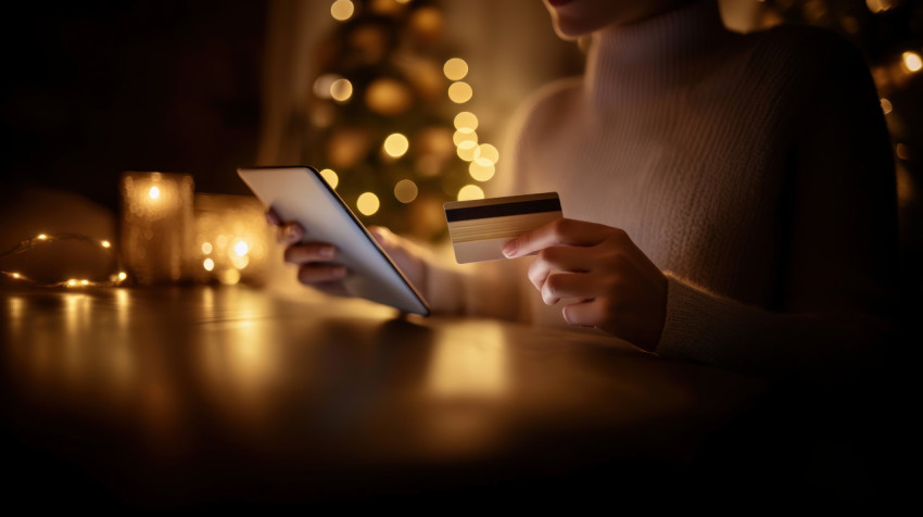 A person holding a credit card and using a tablet for online shopping ATM service concept