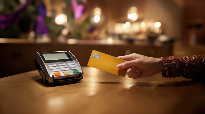 Woman hand holding a credit card and handing it to the counter at a restaurant ATM service concept