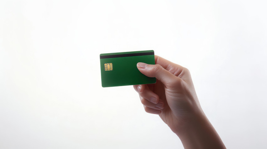 Hand holding a green credit card against a white background ATM service concept