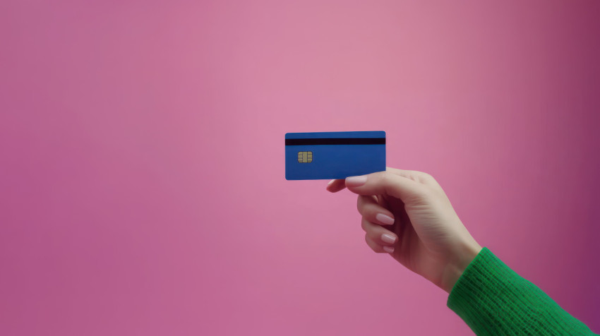 Hand holding a credit card against a pink background ATM service idea