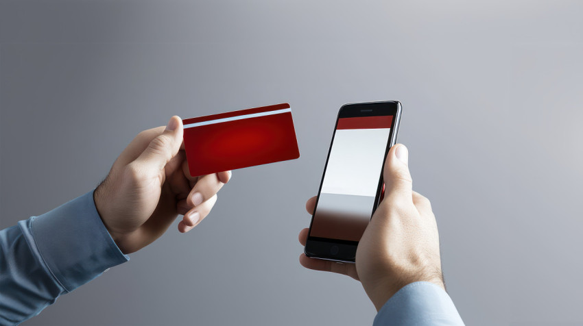 Man holding a credit card in hand and using a smartphone to make online purchase ATM service idea