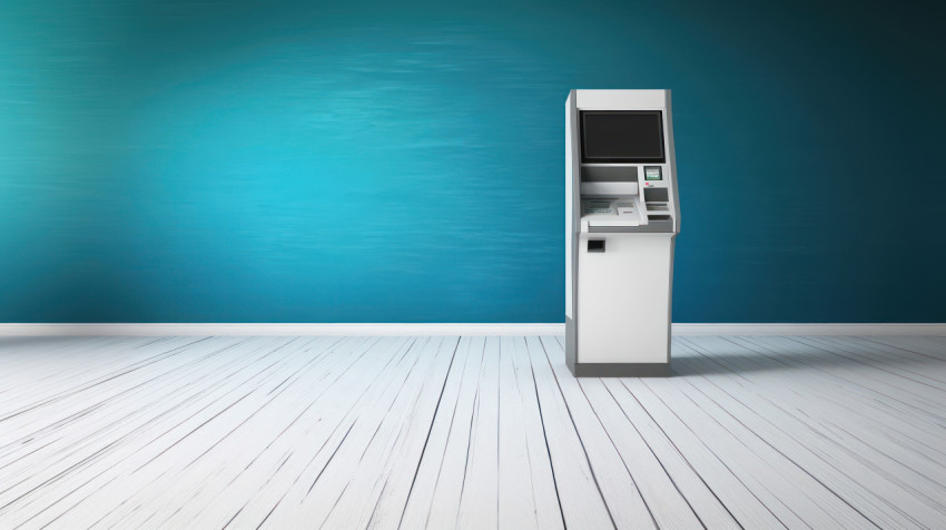 Modern sleek ATM on a blue wall in the background ATM service idea