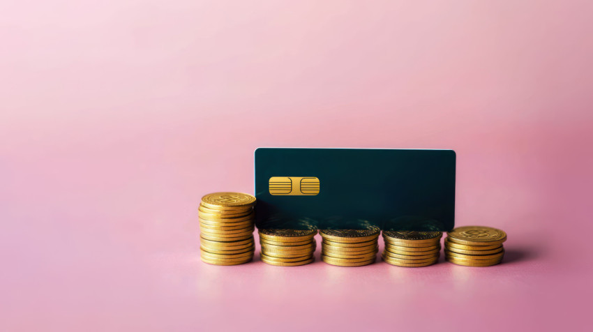 Credit card with gold coins stacked on a pink background ATM service idea