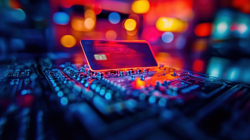 Credit card placed on top of a circuit board with neon lights reflecting off the surface