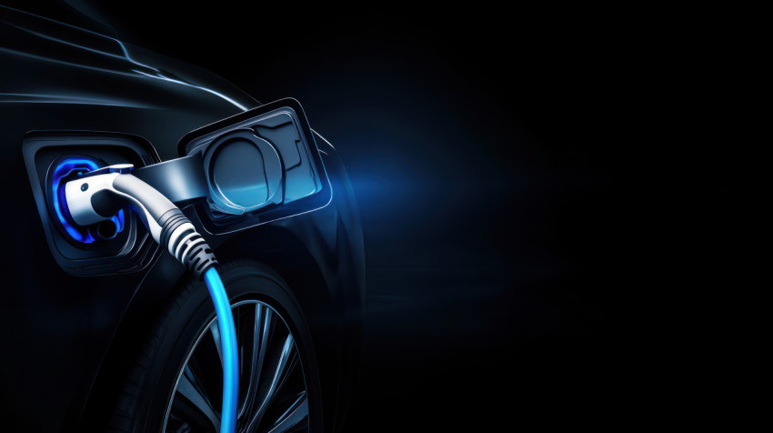 Close up of an electric car charging with blue light glowing on a dark background