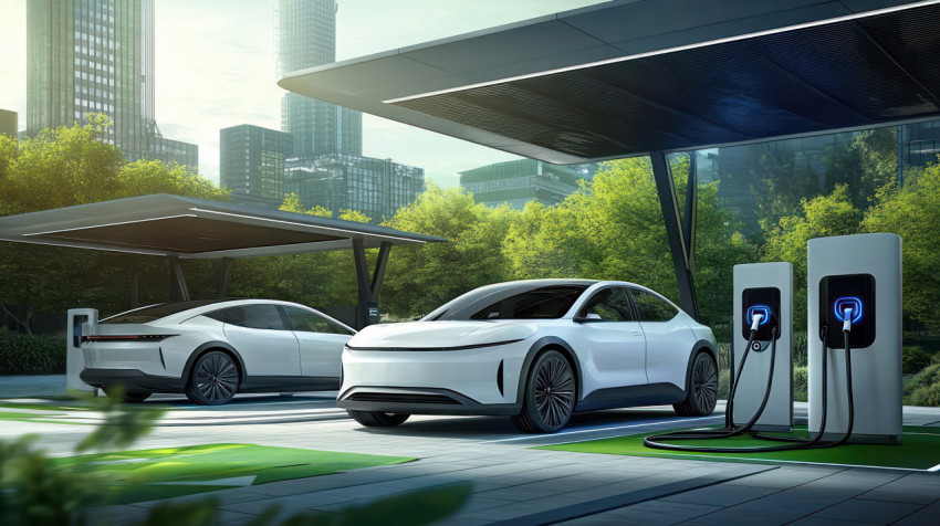 Electric car charging open air station surrounded by modern buildings and green trees