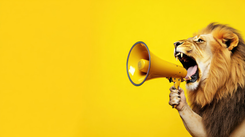 Lion holding megaphone roaring into announce sale