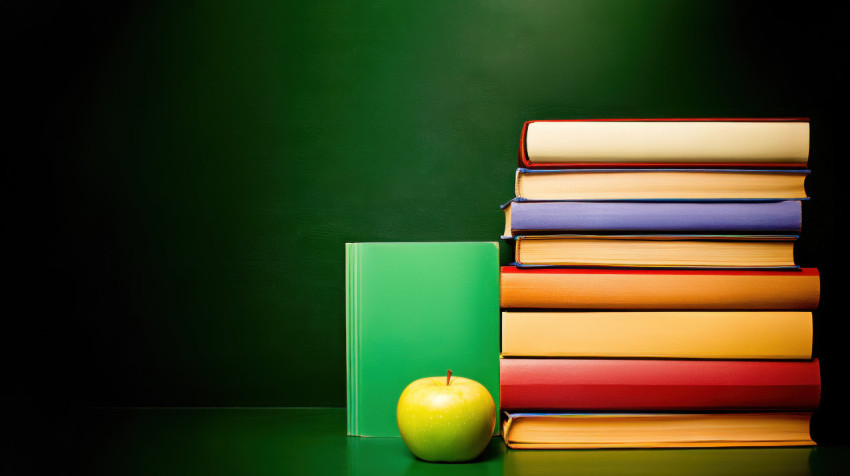 Stack of books with one green book and an apple in front celebrating international literacy day