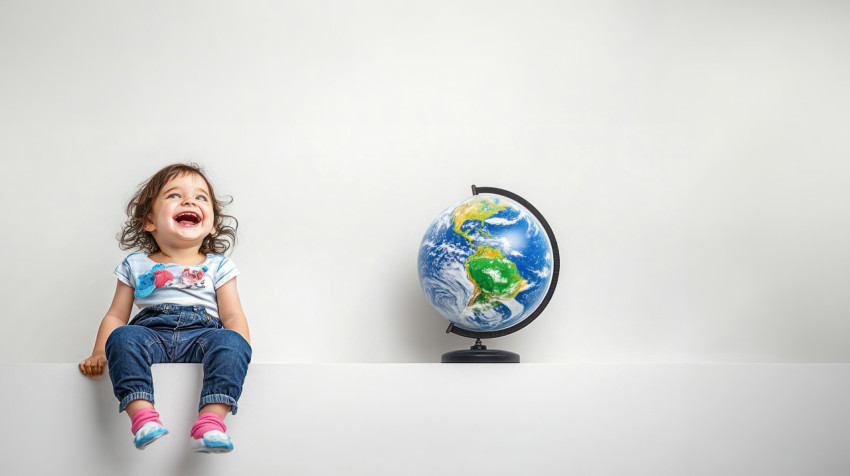 Happy child sitting on wall laughing with globe beside her representing the joy of learning