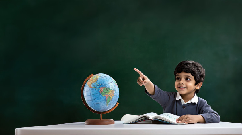 Young indian boy sitting at white table with blackboard behind him pointing at globe on his desk