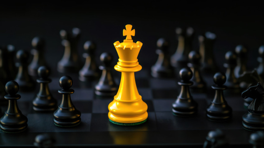 Yellow chess king piece standing among black pawns on dark background symbolizing strong leadership