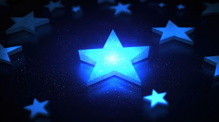 A glowing blue star in the center with smaller stars on dark background representing strong leadership and guidance