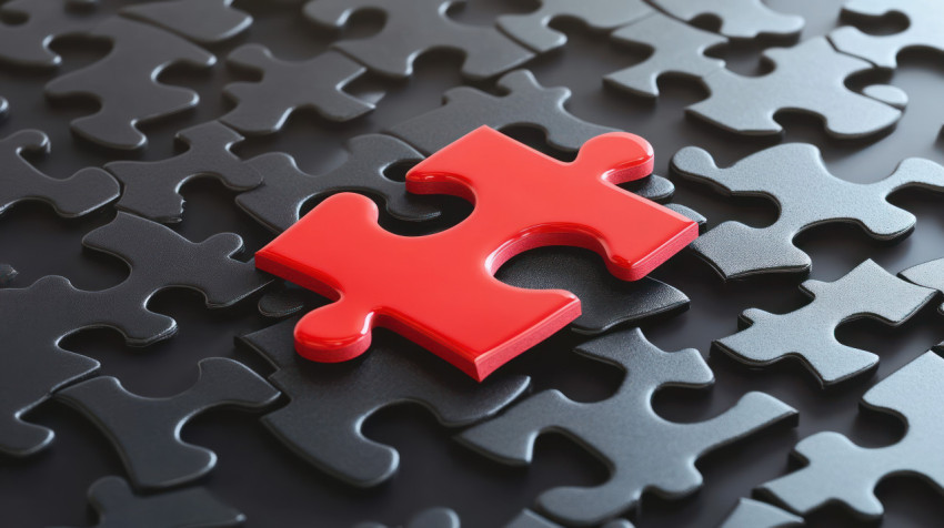 Red puzzle piece on black jigsaw pieces symbolizing leadership and uniqueness