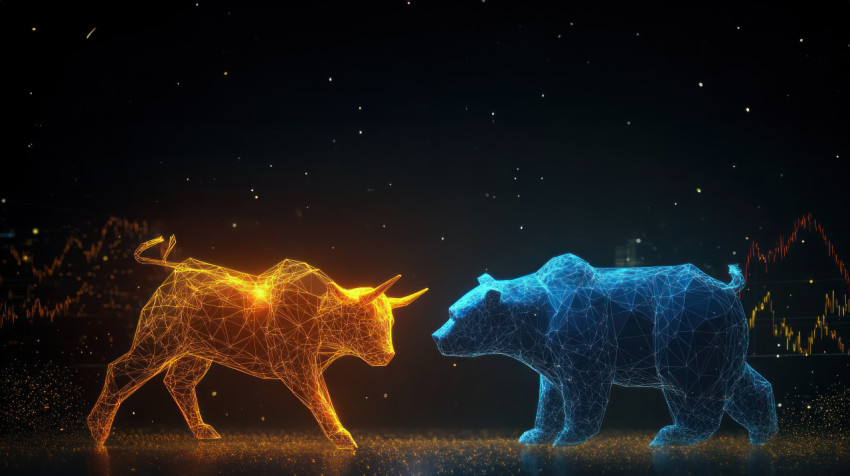 Abstract polygonal orange bull facing blue bear on dark background