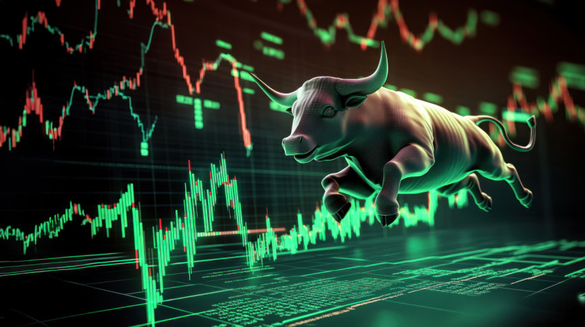 3d stock market bull jumping over the green upward trending graph with trading data the background