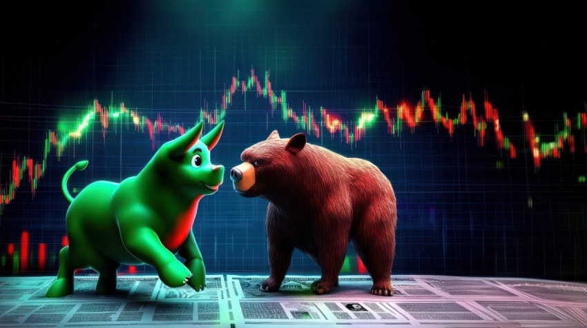 Green bull and red bear cartoon facing each other on stock market background