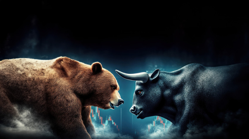 Bear and bull face each other against a stock market background