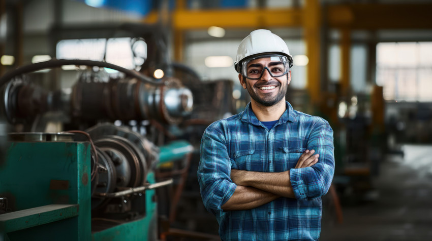 Indian male industrial worker smiling standing in front of his machinery