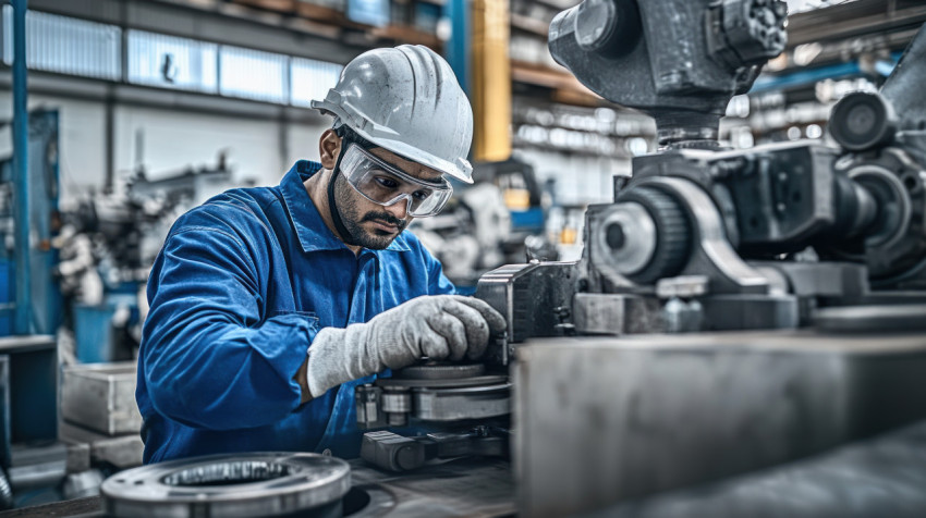 An Indian male industrial worker operating heavy machinery in a factory