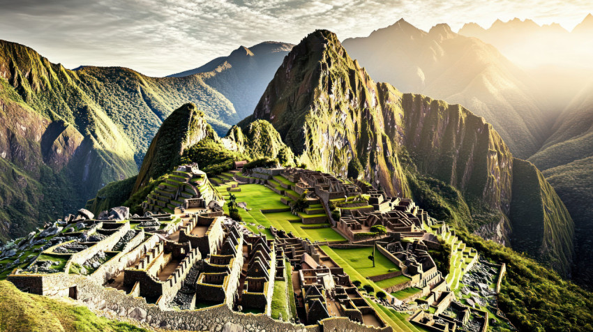 The panoramic of machu picchu at sunrise is bathed in golden light