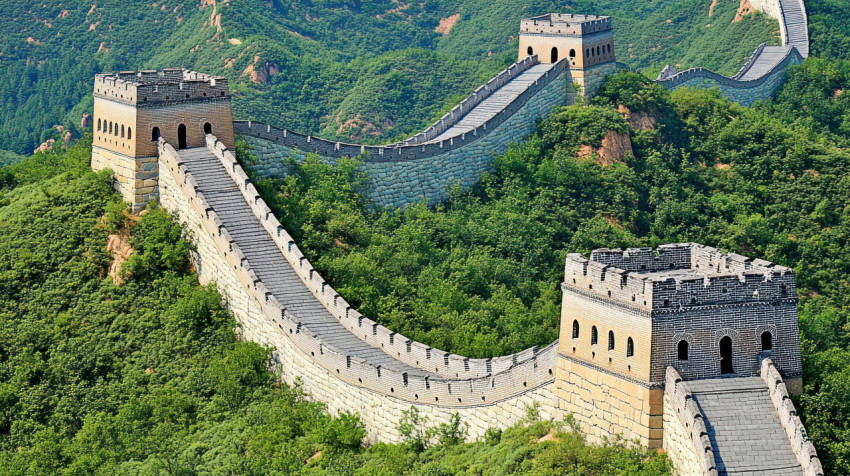 The great wall of china winds through a lush green forest