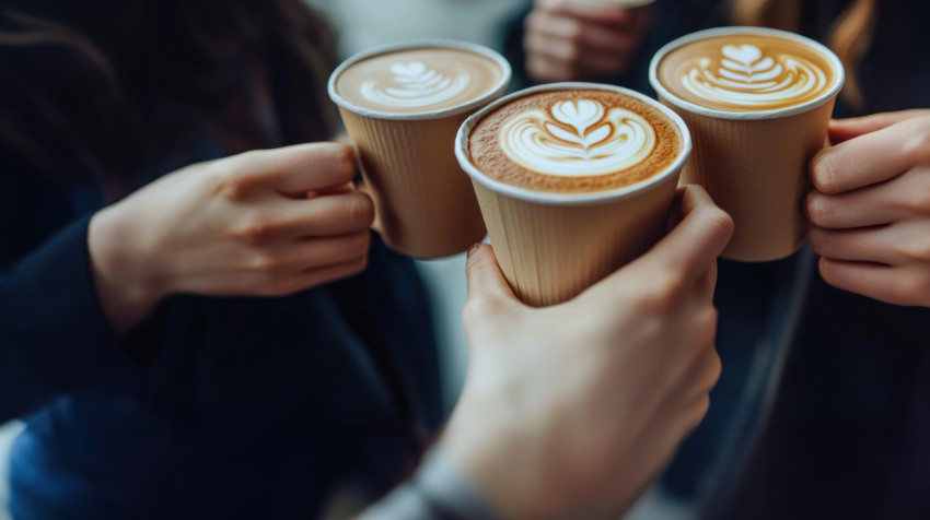 A close up of three friends toasting their paper cups filled with lattes each featuring intricate