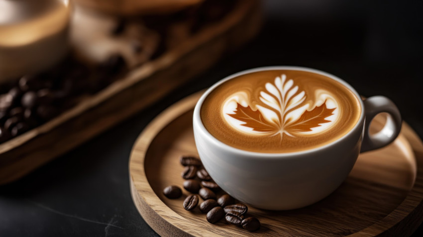 A cup of coffee with maple leaf latte art sits on a wooden plate international coffee day